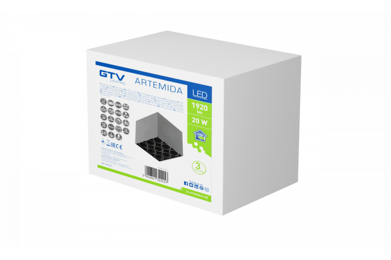 Dekoratívne LED svietidlo ARTEMIDA 20W 1920lm AC220-240V 50/60 Hz PF>0,9 Ra≥80 IP20 IK08 4000K 38° štvorcové čierne. 1208962642