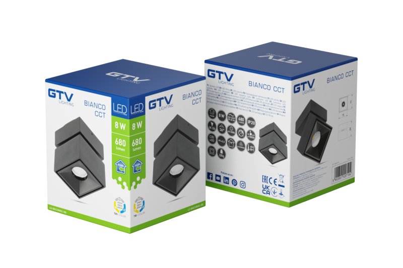 Dekoračné LED svietidlo BIANCO CCT 8W 680lm AC220-240V 50/60 Hz Ra≥80 IP20 36° 2700/3300/4000K štvorcové čierne. 1208962676