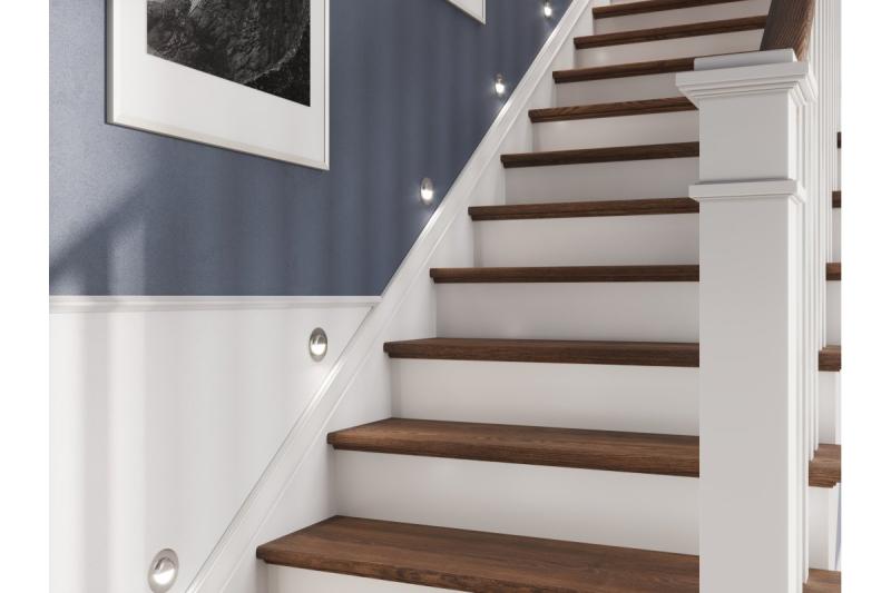 LED dekoratívne schodiskové svietidlo ESCADA OB DC12V, okrúhly matný sklenený kryt, 0,8W, 70lm, 4000K, nerezová oceľ, kábel 150cm.