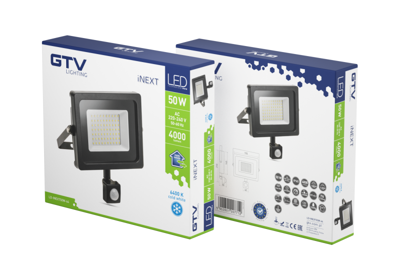 LED reflektor iNEXT so senzorom pohybu 50W 4000lm, PF>0,9, RA>80, IP65, 120°, 6400K, čierne telo 1208962862