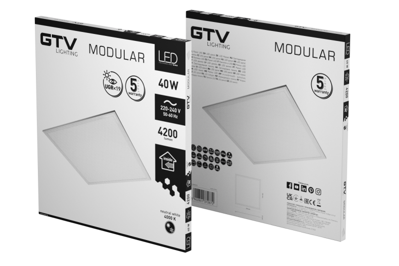 LED svietidlo MODULAR, zadný panel, 60x60cm, 4000K, 40W, 4200lm, AC220-240V, PF>0,9, IP54, 5y, UGR<19 1208963000