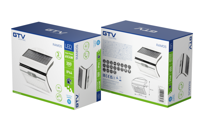 RAMOS Solárne Fasádne Svietidlo s Pohybovým/Svetelným Senzorom, 50W, 300lm, 3,7V 1800mAh, IP44, 6000K, biela 1208963114