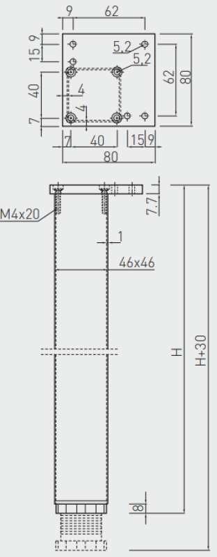 Štvorcová 46mm hliníková noha stola 71cm vysoká + 3cm nastaviteľná na výšku 1208963487