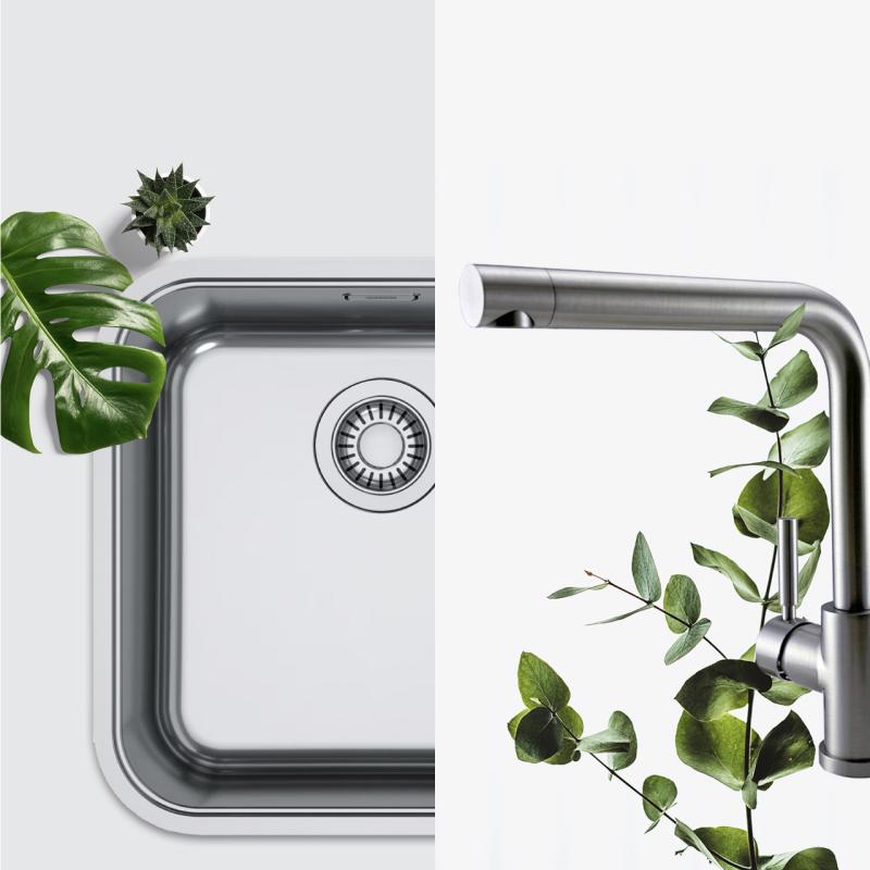 Kombinovaná sada Franke umývadlo - Pure.sink kuchynská batéria - kuchynský sifón