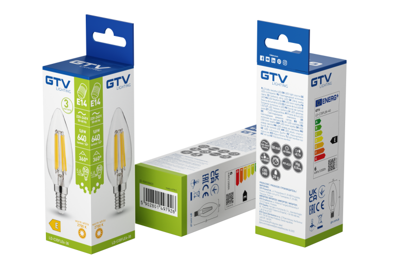 ZDROJ SVETLA LED, VLÁKNINA, A-G, C35, 2700K, E14, 5,8W, AC220-240V, 360°, 640lm, 50mA 1208966964