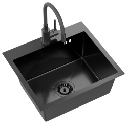 Quadri Dixton 50 Set s čiernym Nano PVD RVS drezom 500x450 mm s otvorom na batériu a čiernou kuchynskou batériou Bristol.