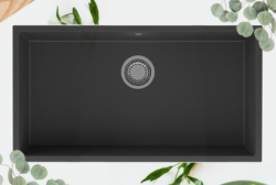 GraniteMy Universele grote zwarte granieten spoelbak 74x40 cm, zwart, voor inbouw, onderbouw en vlakbouw met roestvrijstalen plug 1208967110