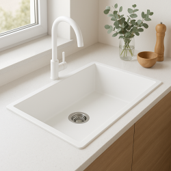 GraniteMy Universele granieten grote witte spoelbak 74x40 cm biela, montáž na pracovnú dosku, podmontáž a rovnomontáž s nerezovou zátkou 1208967111