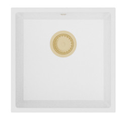 GraniteMy Universal granitový biely drez 40x40 cm biely montáž nad pracovnú dosku, pod pracovnú dosku a do roviny s pracovnou doskou so zlatou zátkou 1208967127