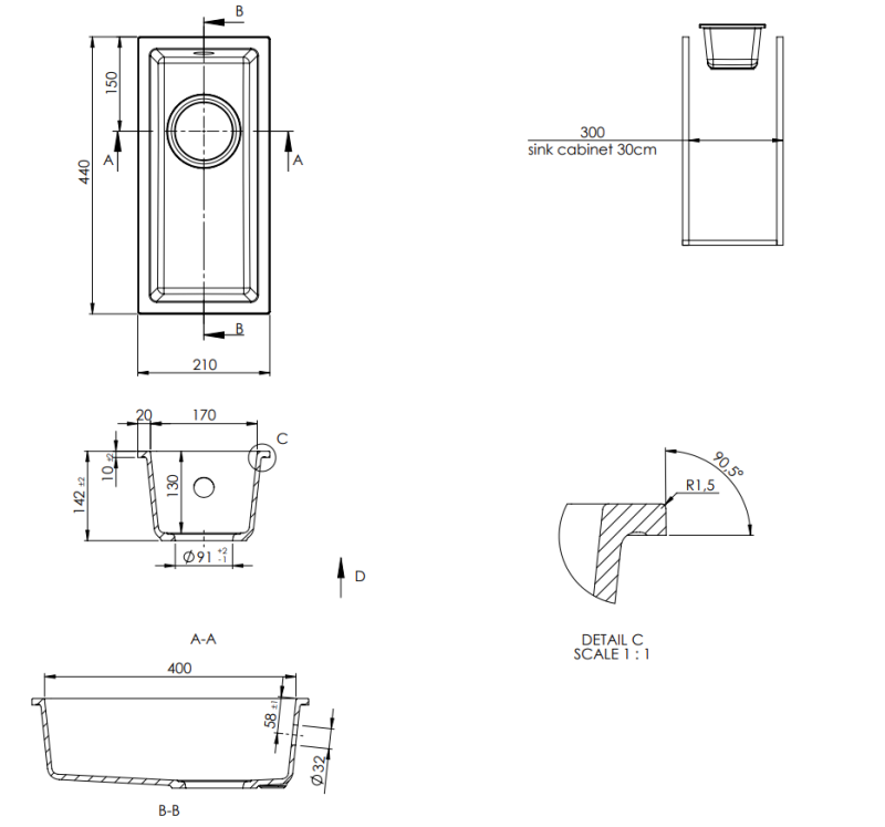 GraniteMy Univerzálny žulový malý čierny drez 17x40 cm čierny, na pracovnú dosku, pod pracovnú dosku a do roviny s medeným uzáverom 1208967141
