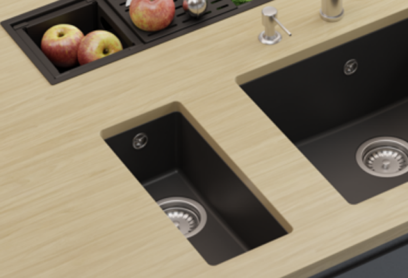 GraniteMy Universal granitový malý čierny drez 17x40 cm čierny na montáž na povrch, pod montáž a zabudovanie s zlatou zátkou 1208967142