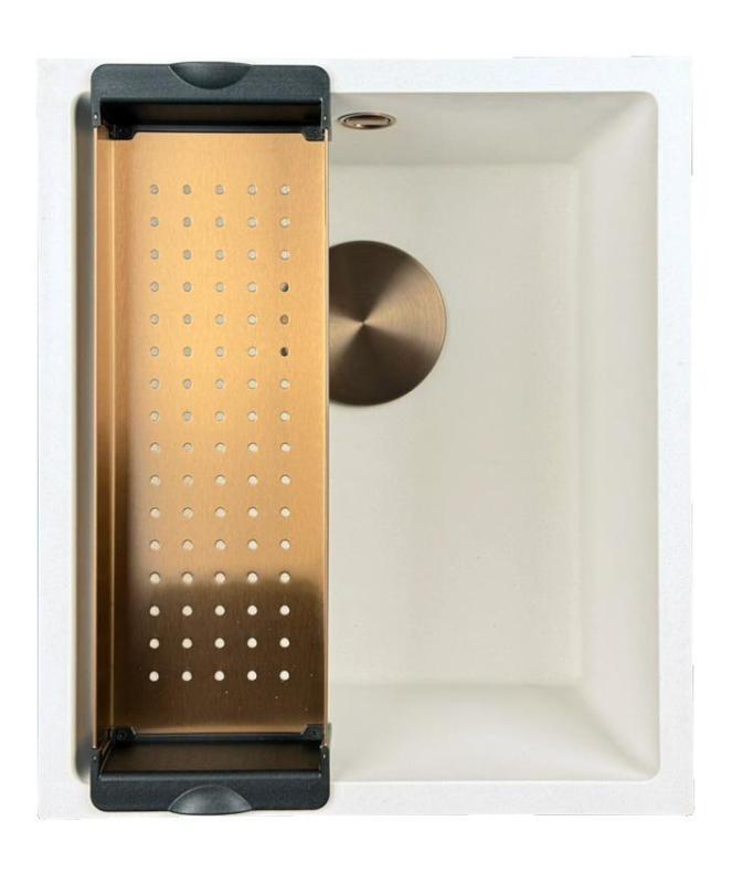 GraniteMy Universele granieten witte spoelbak 34x40 cm biela, na vrch, pod a rovná montáž, s medenou zátkou 1208967148