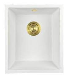 GraniteMy Universal žulový biely drez 34x40 cm biely, montáž na pracovnú dosku, pod pracovnú dosku a do roviny s pracovnou doskou so zlatou zátkou 1208967149