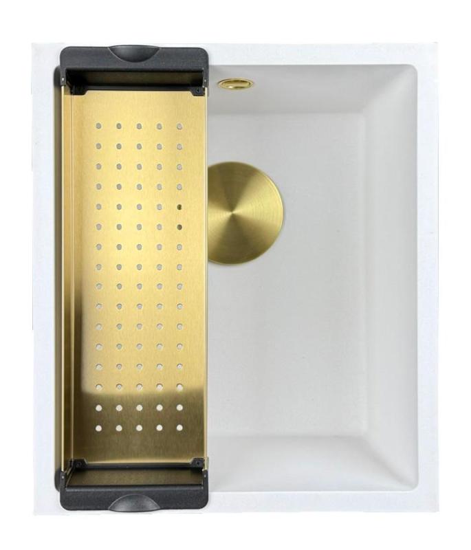 GraniteMy Universal žulový biely drez 34x40 cm biely, montáž na pracovnú dosku, pod pracovnú dosku a do roviny s pracovnou doskou so zlatou zátkou 1208967149