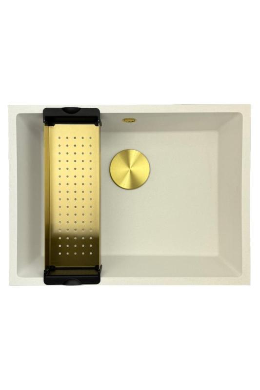 GraniteMy Univerzálny žulový biely drez 55x40 cm biely na dosku, pod dosku a do roviny so zlatou zátkou 1208967155