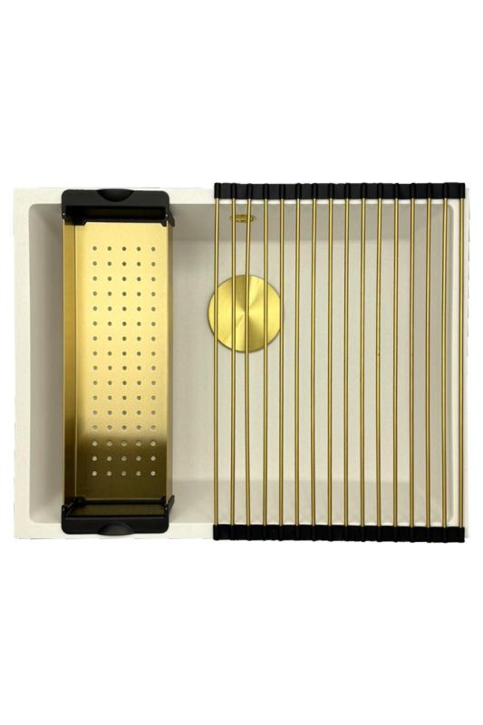 GraniteMy Univerzálny žulový biely drez 55x40 cm biely na dosku, pod dosku a do roviny so zlatou zátkou 1208967155