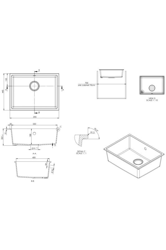 GraniteMy Univerzálny žulový biely drez 55x40 cm biely na dosku, pod dosku a do roviny so zlatou zátkou 1208967155