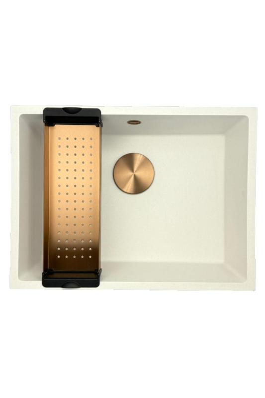 GraniteMy Universele granieten witte spoelbak 55x40 cm biela, montáž zhora, zdola a v jednej rovine s doskou s medenou zátkou 1208967156