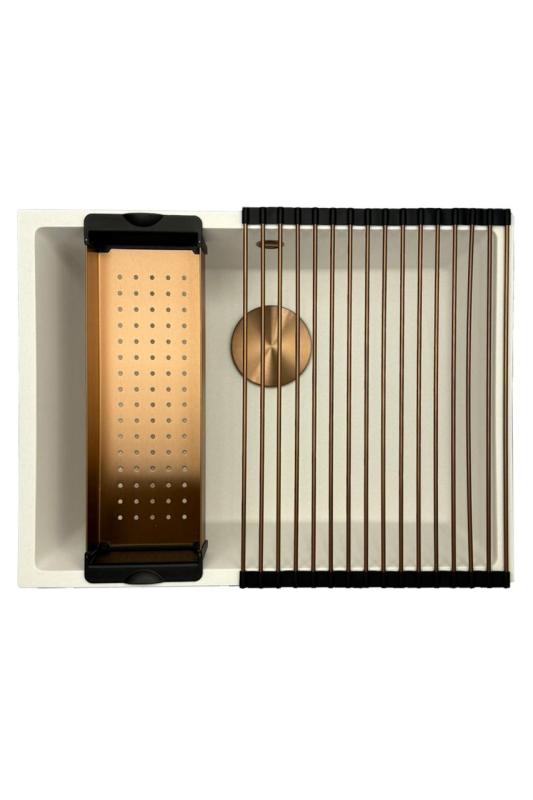 GraniteMy Universele granieten witte spoelbak 55x40 cm biela, montáž zhora, zdola a v jednej rovine s doskou s medenou zátkou 1208967156