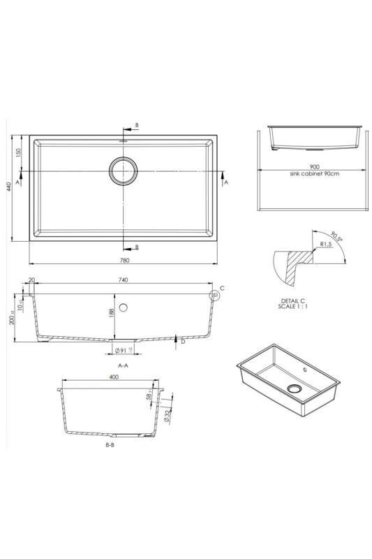 GraniteMy Universal veľký biely granitový drez 74x40 cm, biely, montáž na pracovnú dosku, pod pracovnú dosku a do roviny s čiernym uzáverom 1208967161