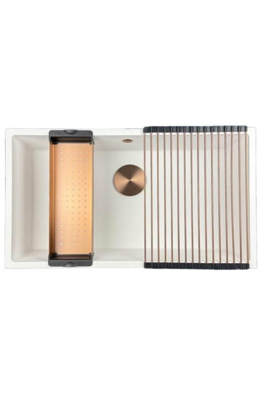 GraniteMy Universal granitový veľký biely drez 74x40 cm biely na pracovnú dosku, pod pracovnú dosku a do roviny s pracovnou doskou s medenou zátkou 1208967162