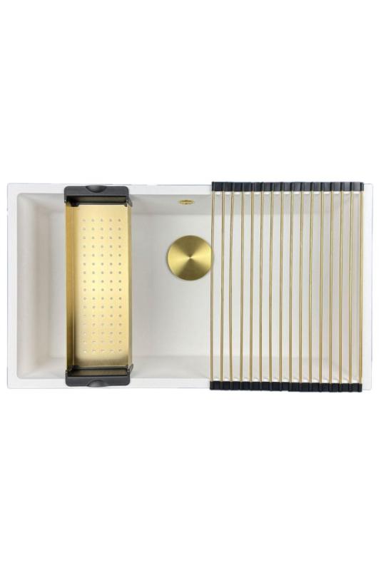 GraniteMy Universal granitový veľký biely drez 74x40 cm biely s hornou, spodnou a plochou montážou so zlatou zátkou 1208967163