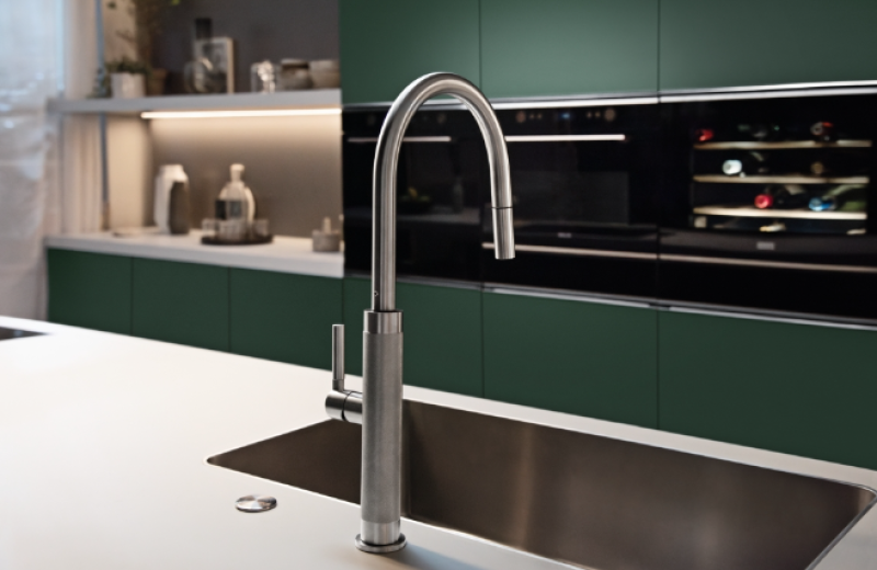 Franke Mythos Masterpiece kuchynská batéria s J výtokom, vysúvateľnou sprchovou hlavicou, úplne z nehrdzavejúcej ocele 115.0711.554