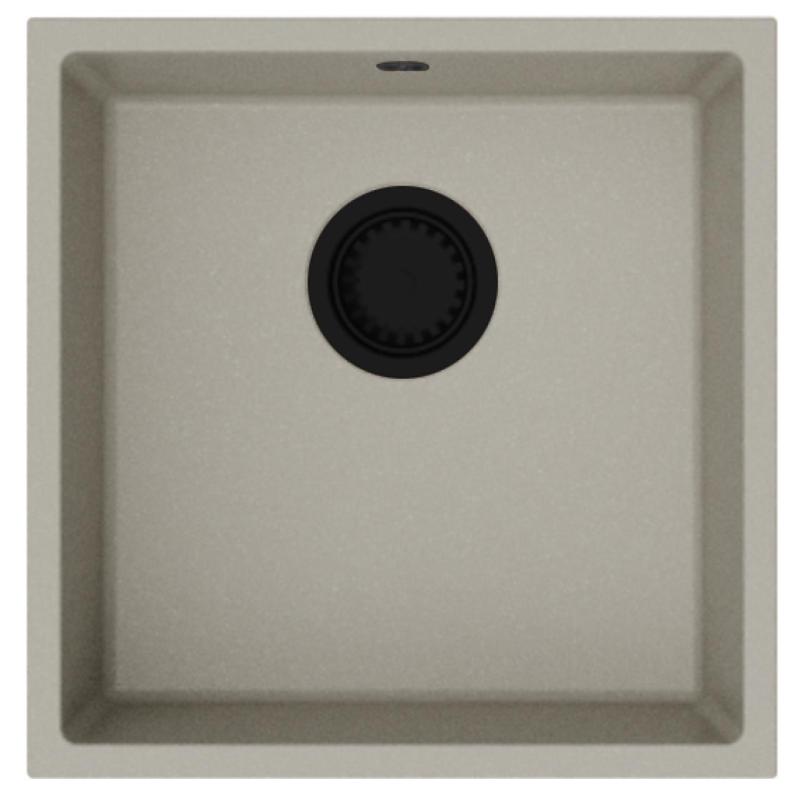 GraniteMy Universal žulový taupe drez 40x40 cm s montážou na dosku, pod dosku a do roviny s čiernou zátkou 1208967213