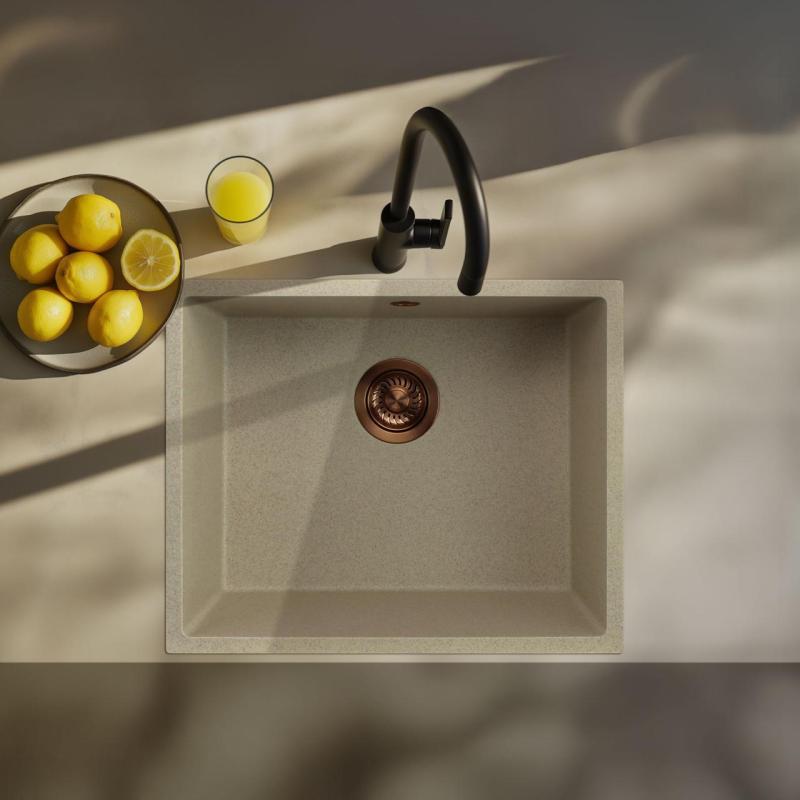 GraniteMy Univerzálny granitový béžový pieskový drez 50x40 cm na montáž na pracovnú dosku, pod pracovnú dosku a do roviny s pracovnou doskou s medenou zátkou 1208967221