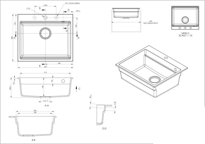 GraniteMy granitový drez 56x48 cm čierny na montáž s čiernou zátkou vrátane príslušenstva 1208967233
