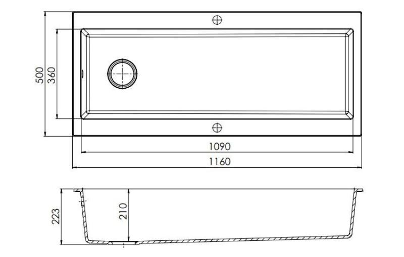GraniteMy Trog granitový veľmi veľký čierny drez 116x50 cm čierny nadstavba s otvorem pre batériu s čiernou zátkou 1208967237