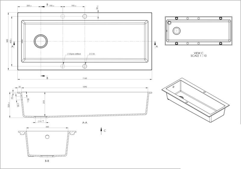 GraniteMy Trog granitový veľmi veľký čierny drez 116x50 cm čierny nadstavba s otvorem pre batériu s čiernou zátkou 1208967237