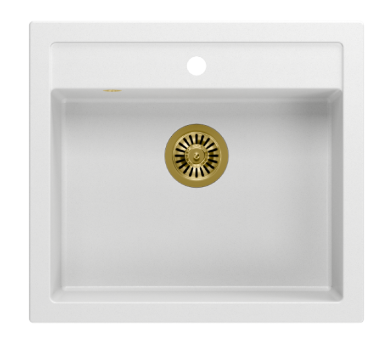 Quadri Farmhouse rustikálny zapustený alebo nadomietkový žulový drez matná biela s zlatou zátkou 595x540mm 1208967264