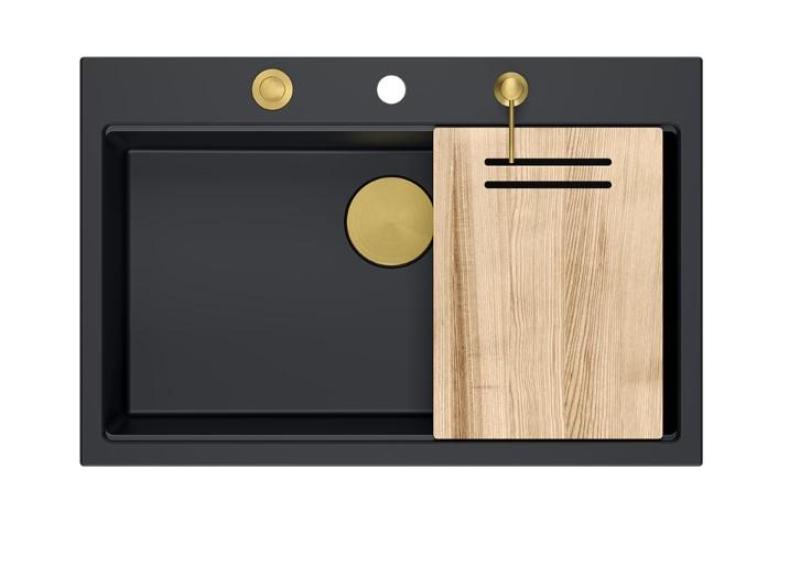 Quadri Hard Rock matne čierne granitové nadstavbové veľké umývadlo 76x50cm vrátane zlatej zátky a príslušenstva 1208967277