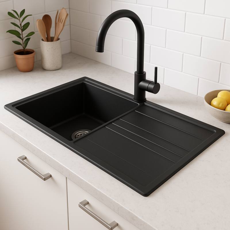 GraniteMy Vesi granitový nadstavbový čierny drez 86x50cm s odkvapkávačom otočným s nerezovou zátkou 1208967279