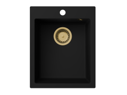 GraniteMy Bremen žulový drez 40x50 cm čierny na montáž zhora, zospodu a v jednej rovine s pracovnou doskou s otvorom pre batériu a zlatou zátkou 1208967282