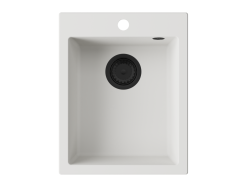 GraniteMy Bremen žulový biely drez 40x50 cm, biely, na pracovnú dosku, pod pracovnú dosku a na úroveň pracovnej dosky s otvorom na batériu, s čiernou zátkou 1208967285