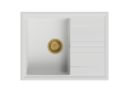 GraniteMy Vesi granitový nástavbový biely drez 64x50cm s odkvapkávačom, otočný so zlatou (kefou mosadzu) zátkou 1208967300