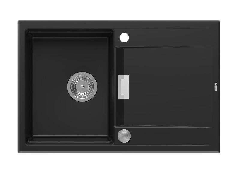 Quadri Minton Granitový Drez Čierny 76x50cm s Odkvapkávačom Obojstranný a Nerezovou Zátkou - 1208967303