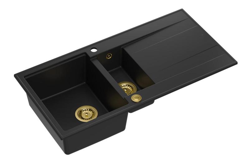 Quadri Luton čierny žulový nadstavbový drez 1,5 vaničky s odkvapom, obojstranný, 100x50 cm, so zlatou zátkou 1208967346