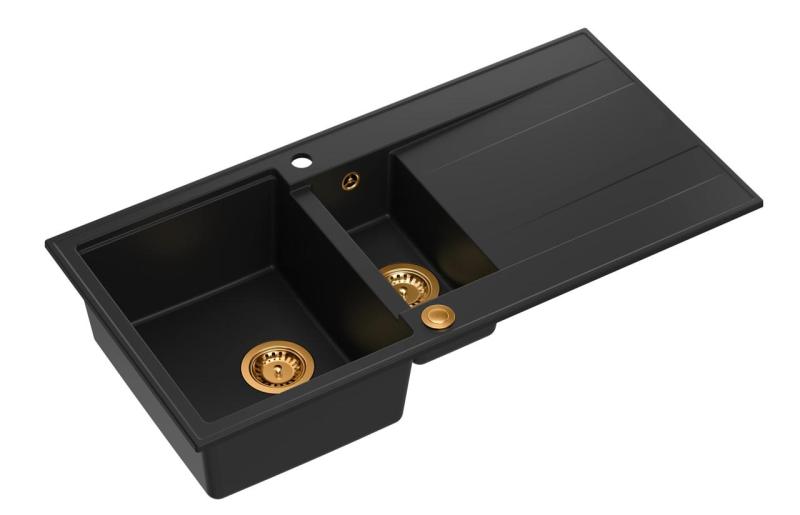Quadri Luton čierny žulový nadstavbový drez 1,5 s odkvapkávacou plochou, obojstranný, 100x50cm, s medenou zátkou 1208967347