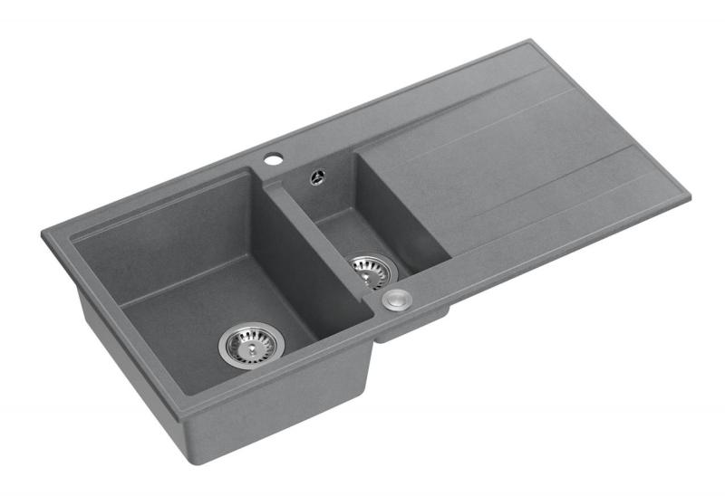 Quadri Luton sivý žulový drez s odkvapkávačom, obojstranný, 1,5 komory, 100x50cm s nerezovým uzáverom 1208967350