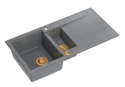 Quadri Luton sivý granitový nadstavbový drez 1,5 vanička s odkvapkávacou plochou, obojstranný 100x50 cm s medenou zátkou 1208967352