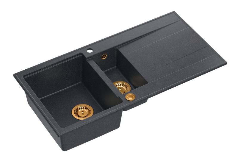 Quadri Luton antracitový žulový nadstavbový drez 1,5 umývadla s odkvapkávačom, obojstranný, 100x50 cm s medenou zátkou 1208967355