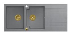 Quadri Luton dvojitý granitový drez šedý s odkvapkávacou plochou 116x50 cm so zlatou zátkou 1208967361