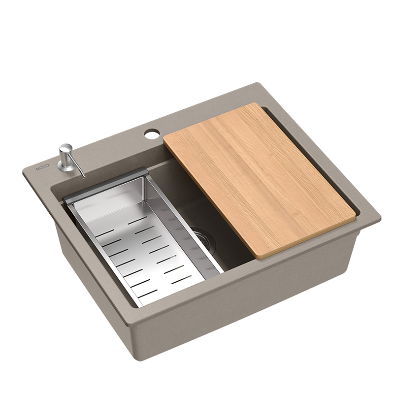 Quadri Durham taupe granitový umývadlový blok 595x500 so združením na mydlo, doskou na krájanie, vnútorným umývadlom a rolovacou podložkou 1208967376