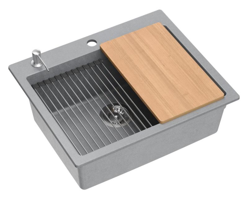 Quadri Durham sivý granitový nadstavbový drez 595x500 so spodným dávkovačom mydla, doskou na krájanie, vložkovým drezom a rolovacou podložkou 1208967378