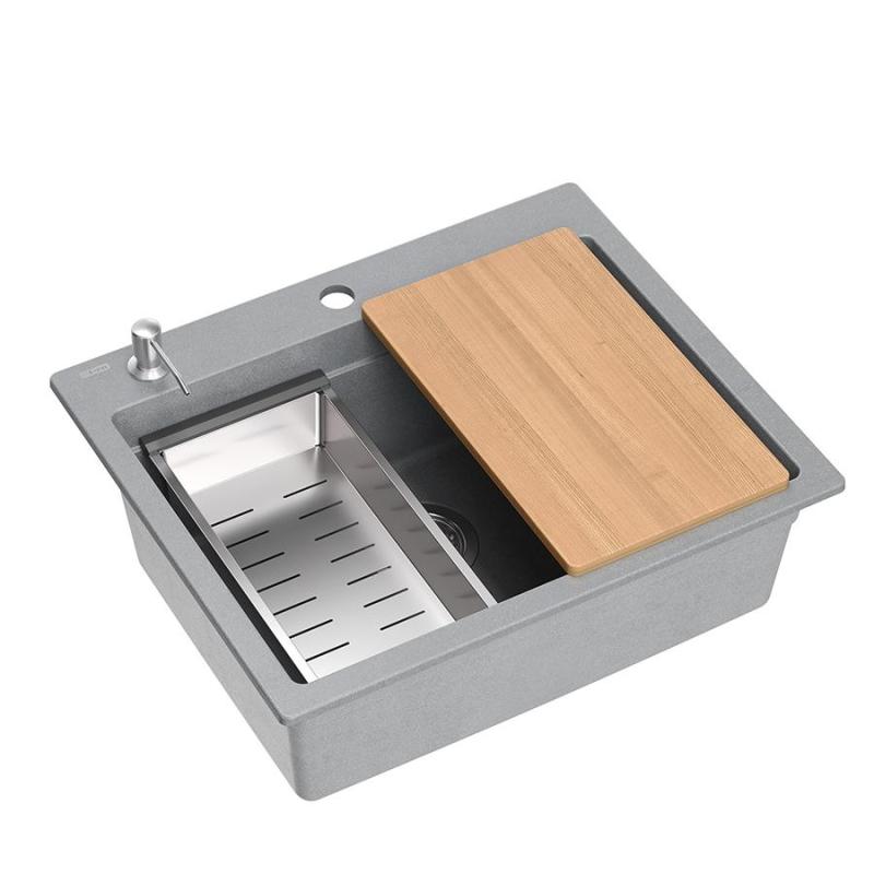 Quadri Durham sivý granitový nadstavbový drez 595x500 so spodným dávkovačom mydla, doskou na krájanie, vložkovým drezom a rolovacou podložkou 1208967378