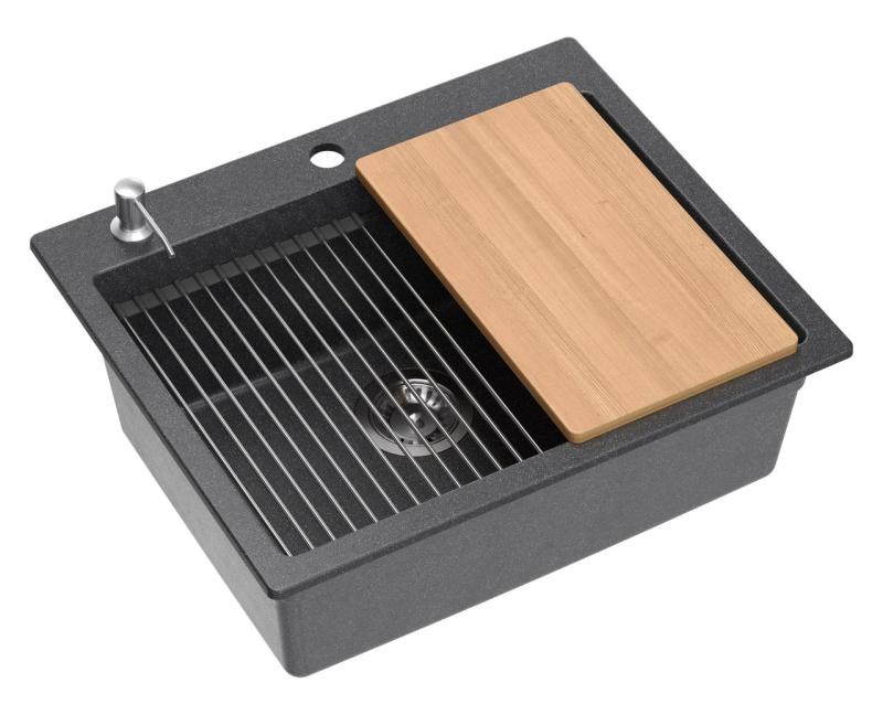 Quadri Durham antracitový granitový nadstavbový drez 595x500 so zásobníkom na mydlo, doskou na krájanie, vkladacím drezom a rolovacou podložkou 1208967379