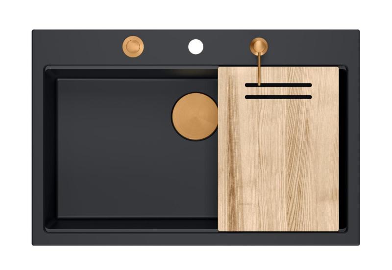 Quadri Hard Rock matná čierna žulová vstavaná veľká drezová nádoba 76x50 cm vrátane medenej zátky a príslušenstva 1208967423